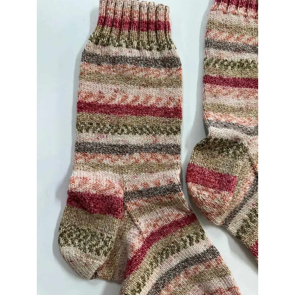 Hand Knit Womens Wool Socks Pink Brown Beight Pattern